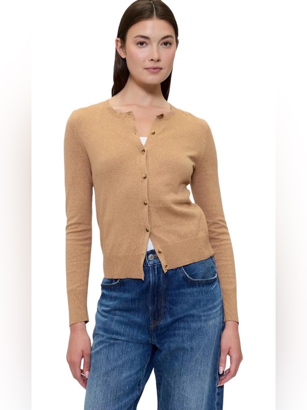 Gap Women’s Crewneck Cardigan Sweater Button Front Camel Medium